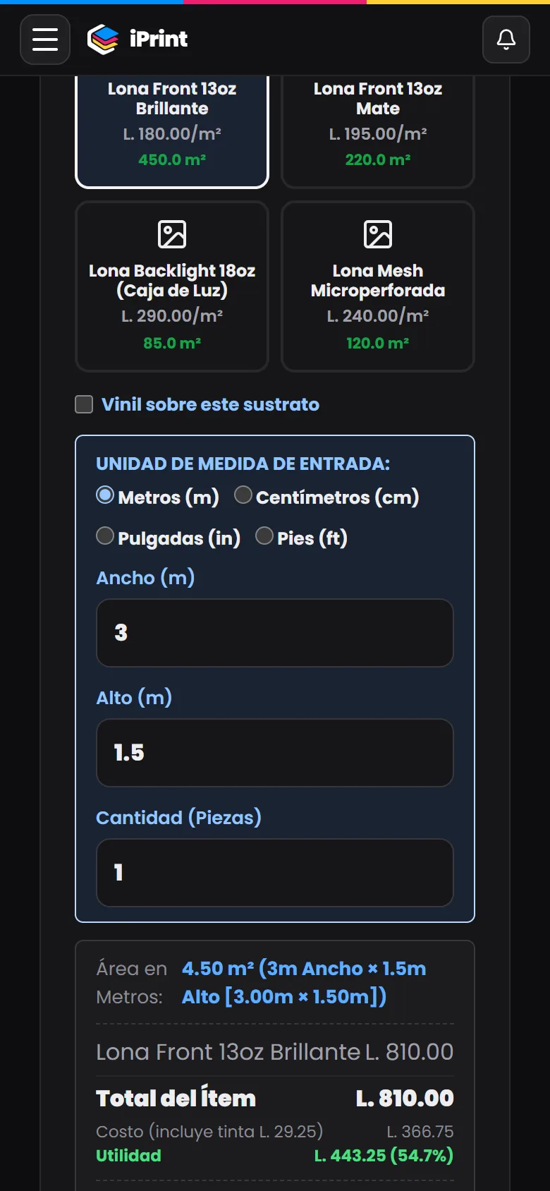 Cotizador de iPrint en el celular en modo oscuro
